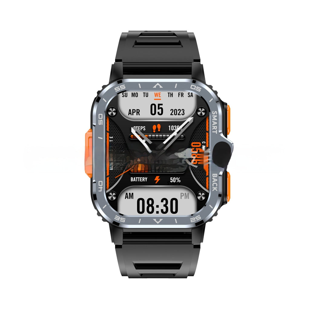 Black Bluetooth Smart Call Watch with AMOLED touchscreen, fitness tracking, heart rate, and blood pressure monitoring features.