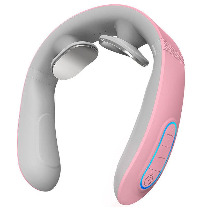 Pink and gray electric cervical massager with pulse and shoulder protection for neck pain relief