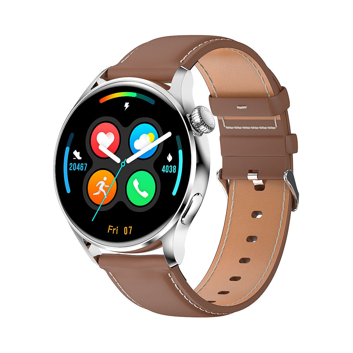 Smart Watch Bluetooth Call with rotary code, silver zinc alloy body and brown leather wristband, touch operation, fitness and call icons on display