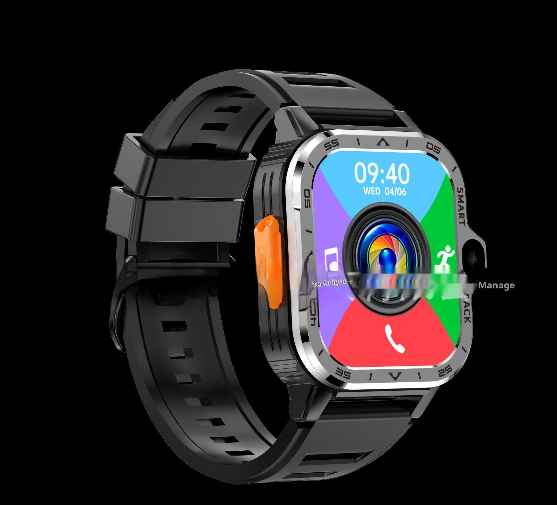 Black Bluetooth smart call watch with AMOLED touchscreen and multi-function sports bracelet design