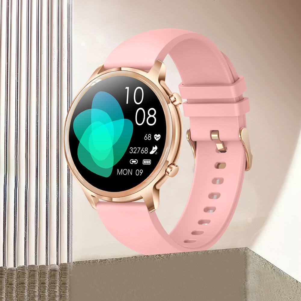 T18 Smart Watch with pink silicone sporty strap and round gold case displaying fitness and time data on IPS touchscreen