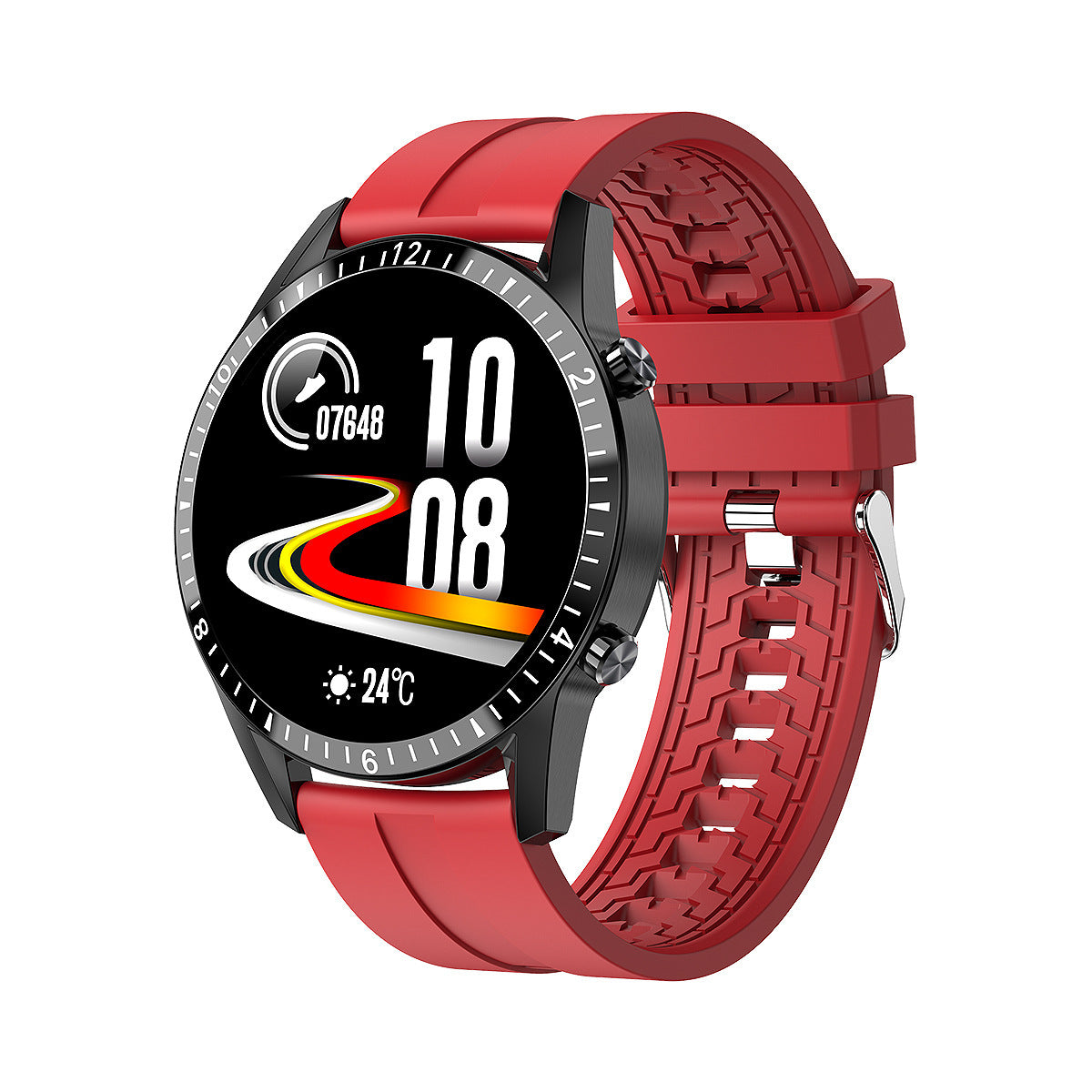 Fashion Bluetooth Smart Watch with red silicone band, round 1.3-inch touchscreen, step counting, message and call reminders.