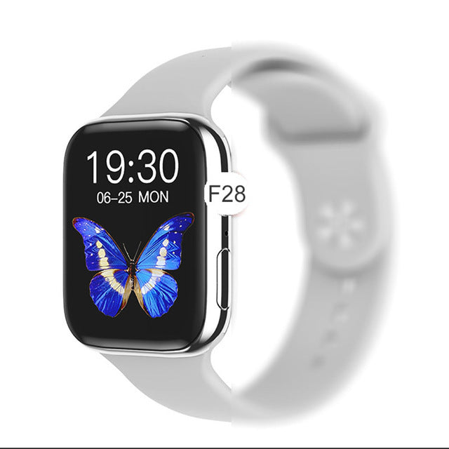 F28 Bluetooth call smart watch with 1.63-inch screen, silicone band, heart rate and health monitoring features.