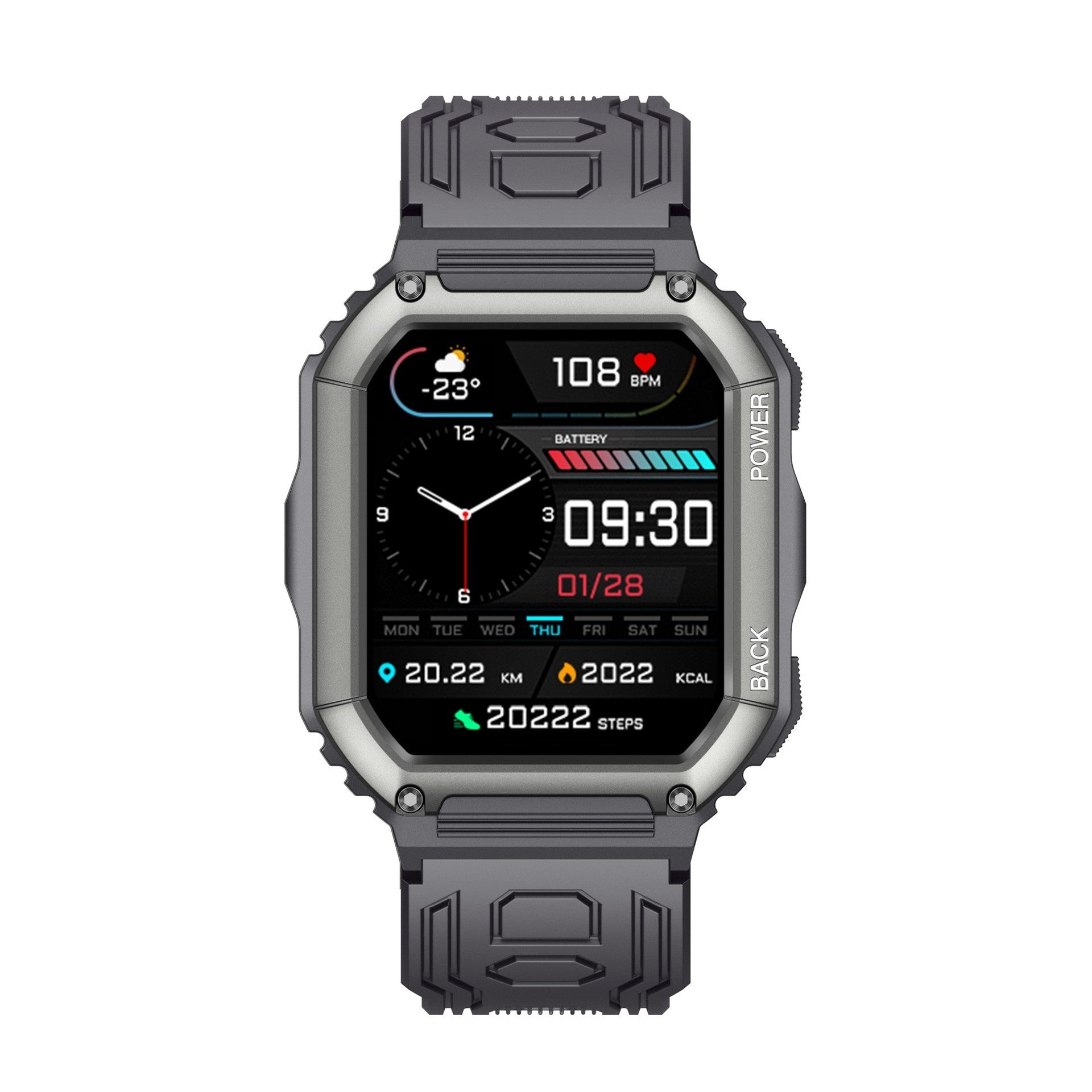 Bluetooth call smart watch with 1.8-inch tempered glass screen and TPU wrist strap in black.