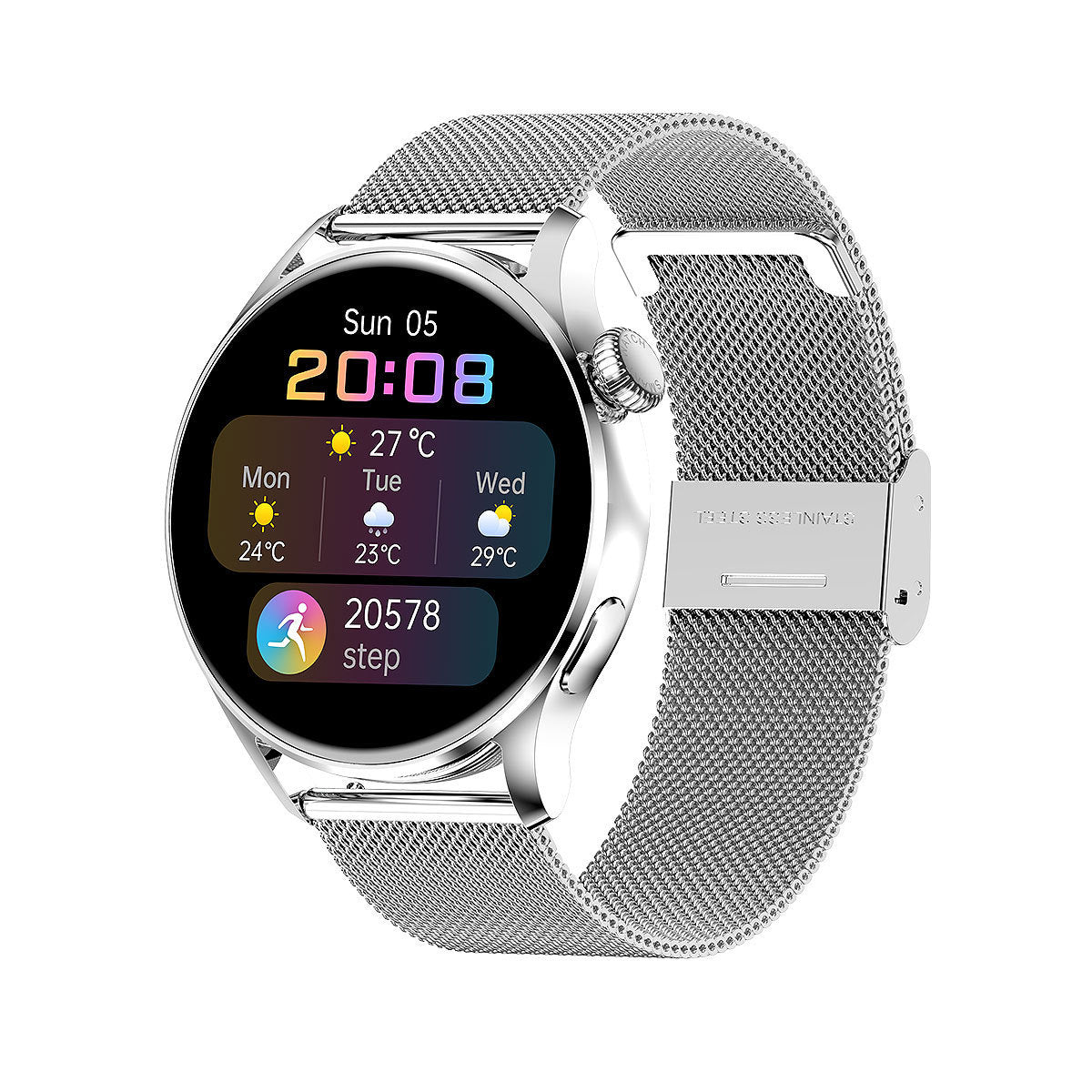 Smart Watch Bluetooth Call with rotary code, zinc alloy body, touch operation, silver steel mesh wristband, and 1.36-inch display showing time, weather, and step count