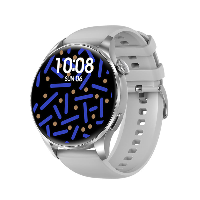 Silver Bluetooth call smart watch with 1.45-inch round TFT touchscreen and silicone wrist strap