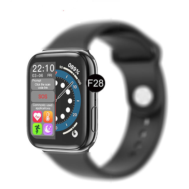F28 Bluetooth call smartwatch with 1.63 inch screen, silicone band, heart rate and multi-sports tracking, compatible with Android and iOS.