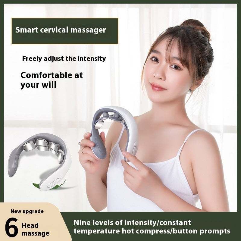 Woman holding USB-powered shoulder and neck pulse hot compress physiotherapy neck massager in white with nine intensity levels and six massage heads