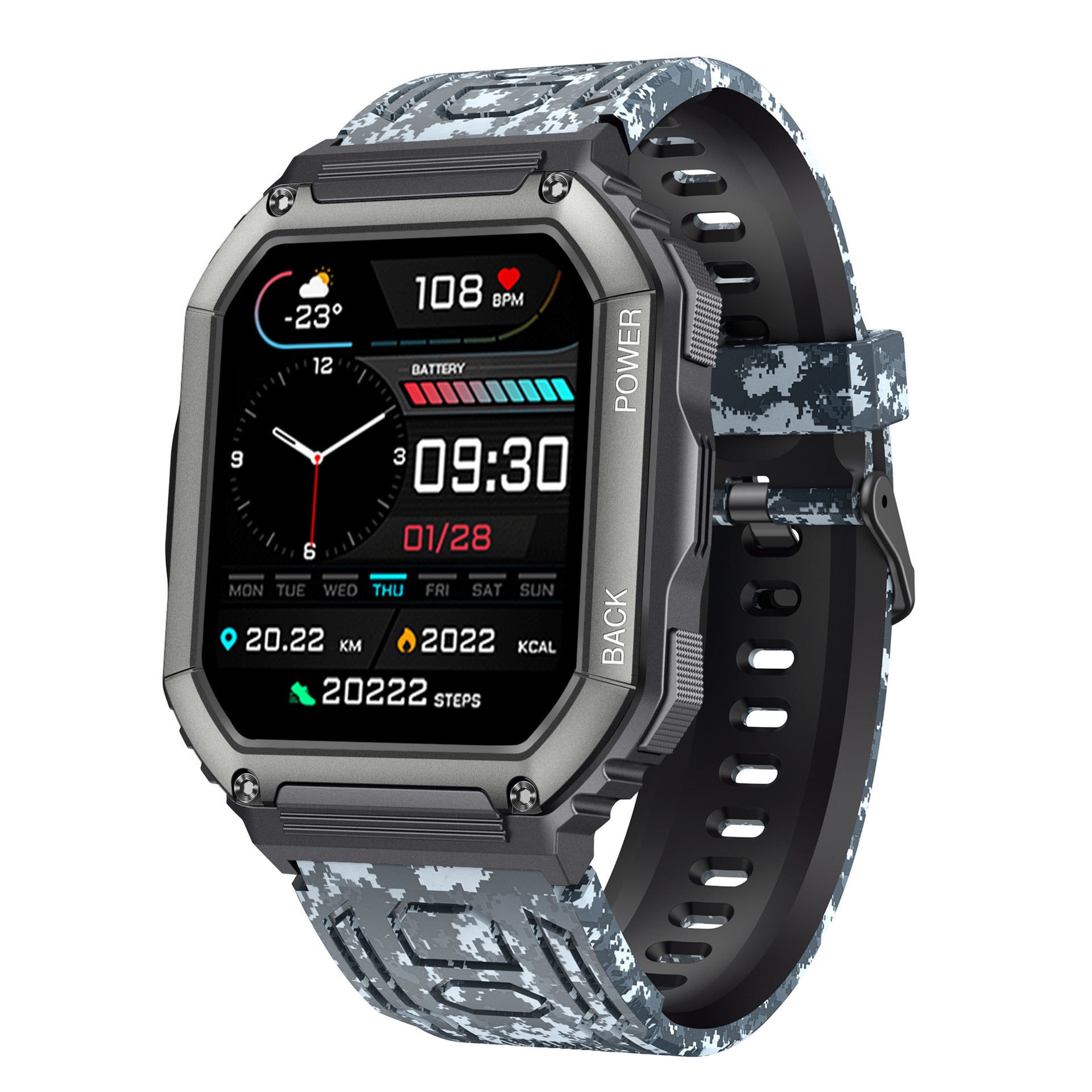 Bluetooth call smart watch with 1.8-inch touchscreen and camo wrist strap