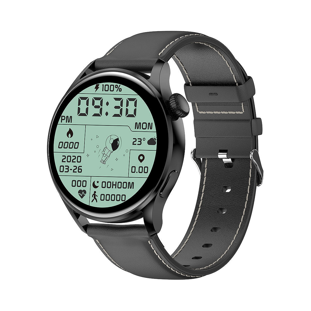 Smart Watch Bluetooth Call with rotary code, black leather strap, zinc alloy body, touchscreen, and USB 3.0 interface.