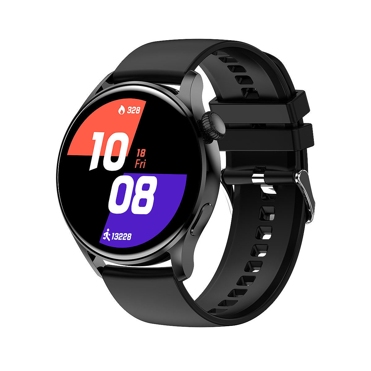 Black smart watch with Bluetooth call feature and rotary code, silicone wristband, round touchscreen display.