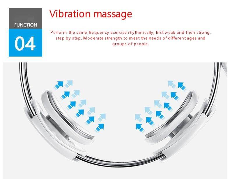 Electric pulse shoulder and neck massage device demonstrating vibration massage function with adjustable intensity arrows.