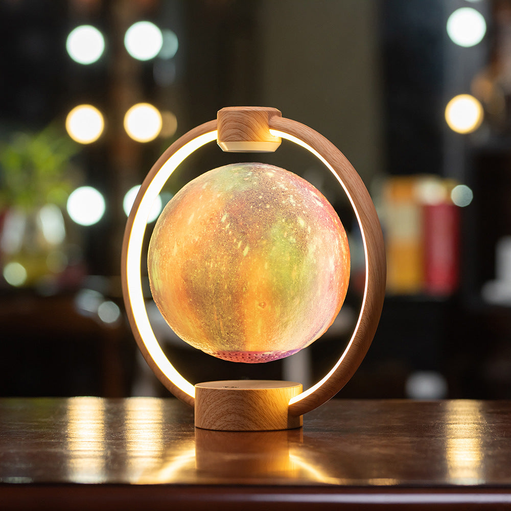 Maglev moon light levitating LED globe speaker with wooden base and colorful rotating lights