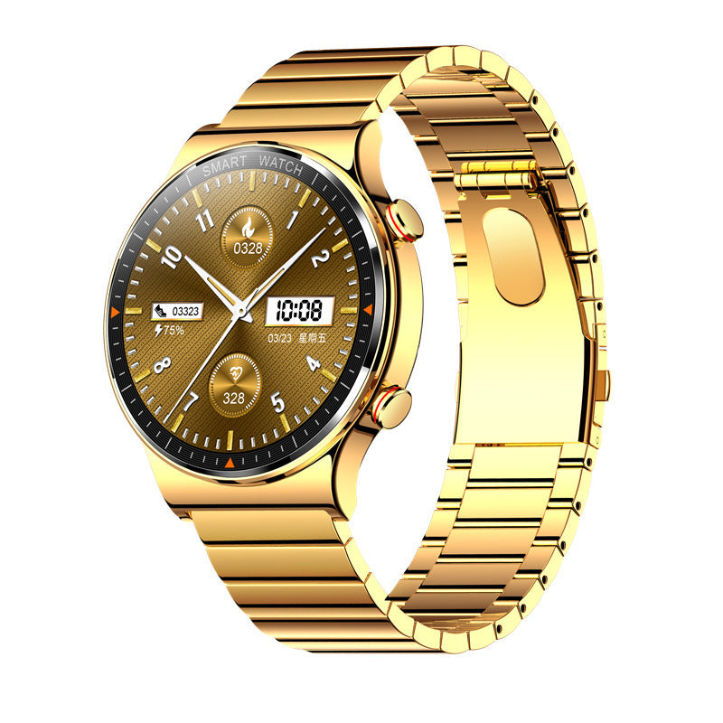 gold smart watch with 1.39 inch round IPS display and metal wrist strap