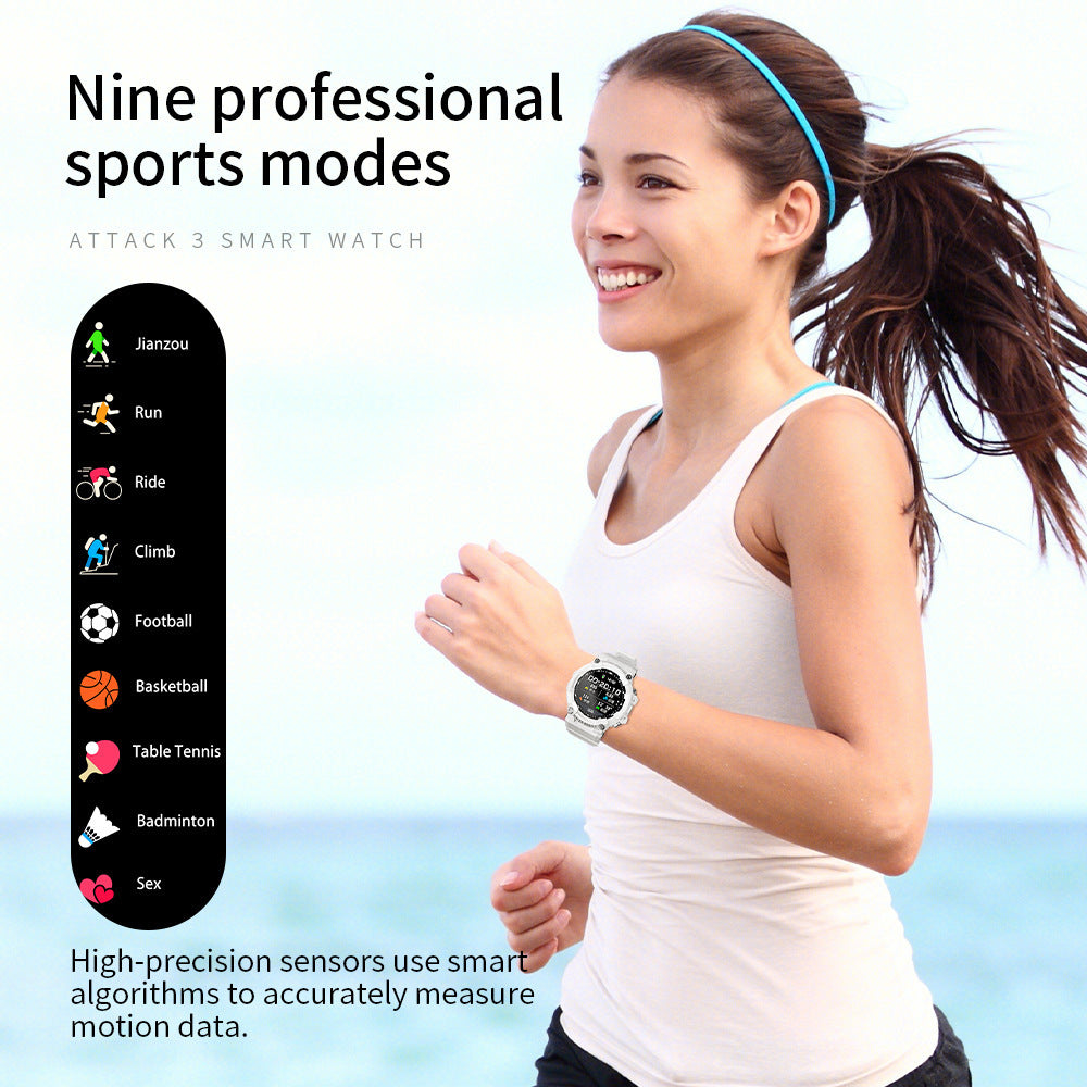 Woman running outdoors wearing a white smart watch with nine professional sports modes displayed including run, ride, and basketball, showcasing the Smart Watch Bluetooth Call fitness features