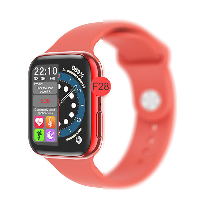 F28 Bluetooth call smart watch with 1.63-inch screen, silicone wristband, heart rate and health monitoring, life waterproof, magnetic charging, and multi-sport tracking.