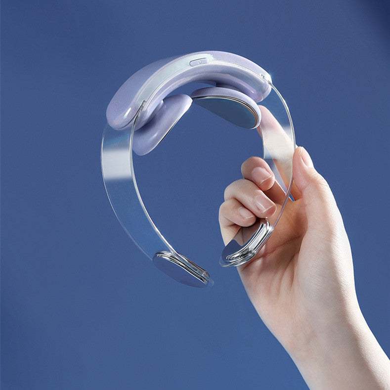 Hand holding a compact intelligent neck protector hot compress pulse multifunctional massager in light purple and transparent design against a blue background