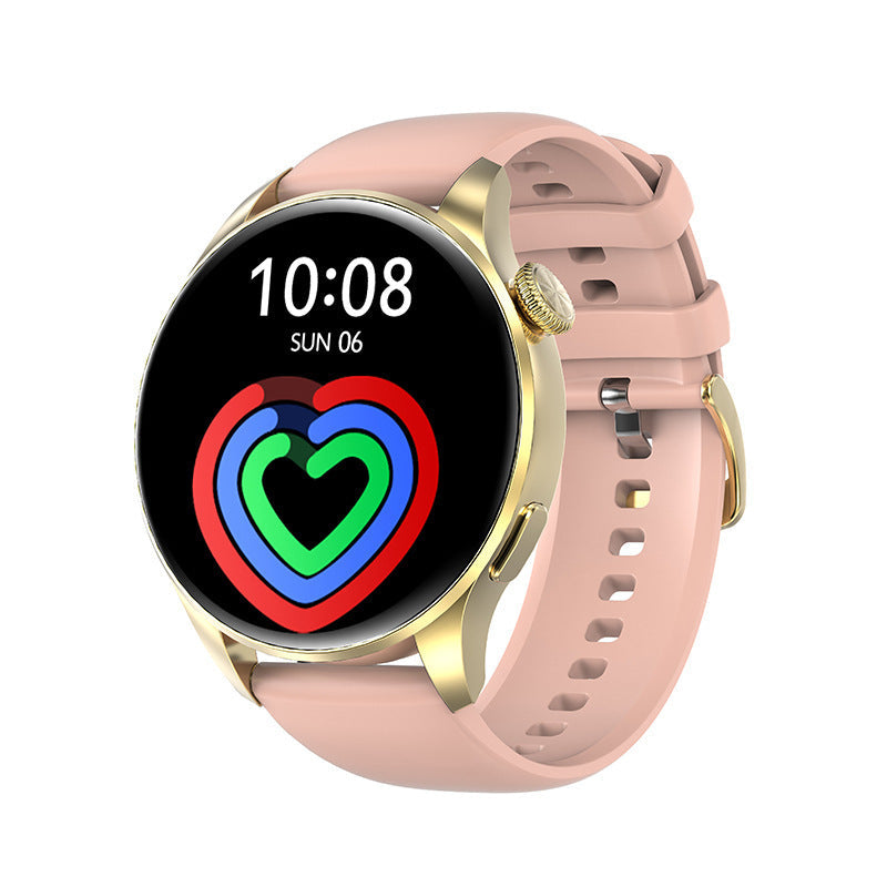 Bluetooth call smart watch with 1.45-inch TFT touchscreen, silicone wristband, and magnetic charging in pink and gold design