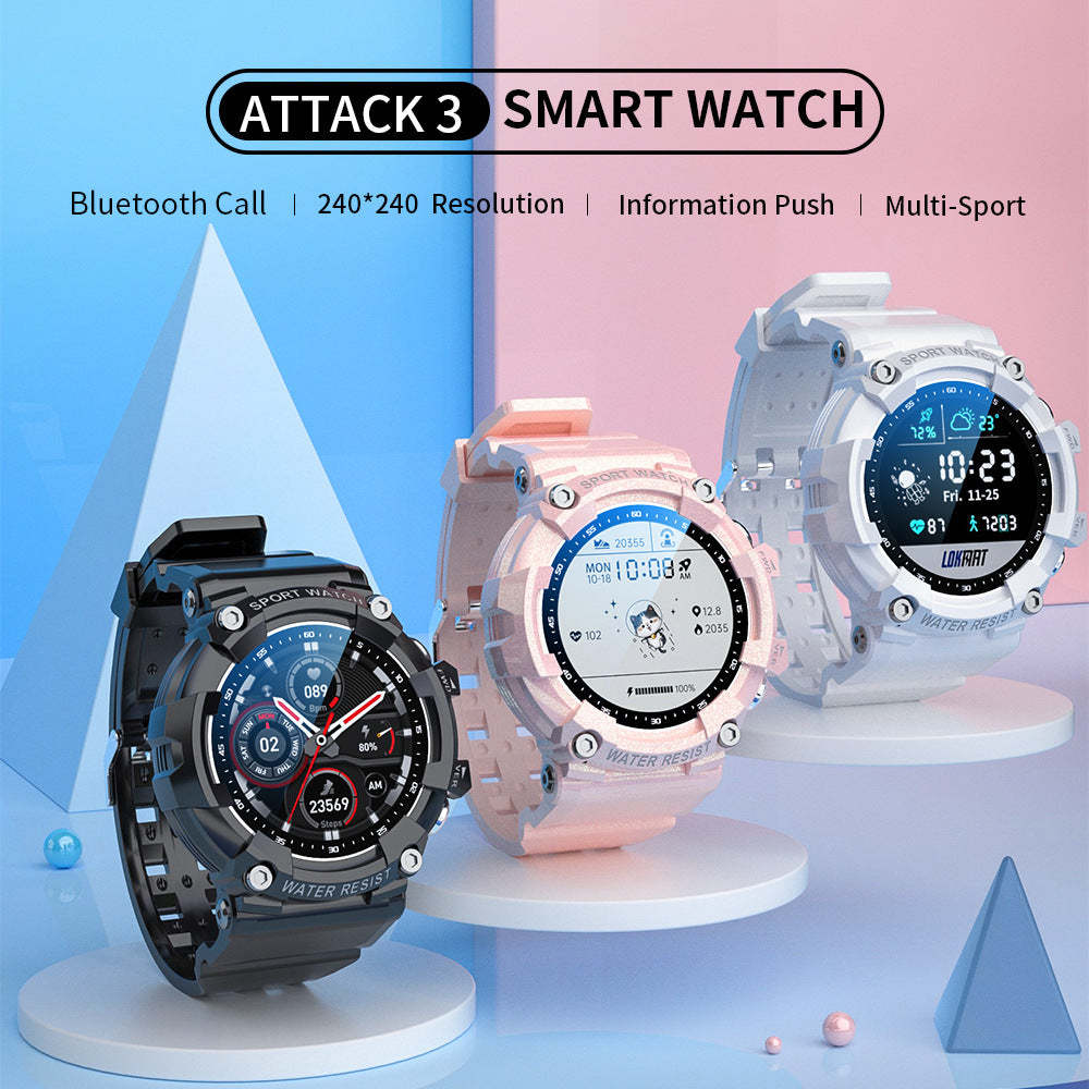 Three smart sport watches in black, pink, and white with Bluetooth call, 240x240 resolution, and multi-sport features displayed on round screens.