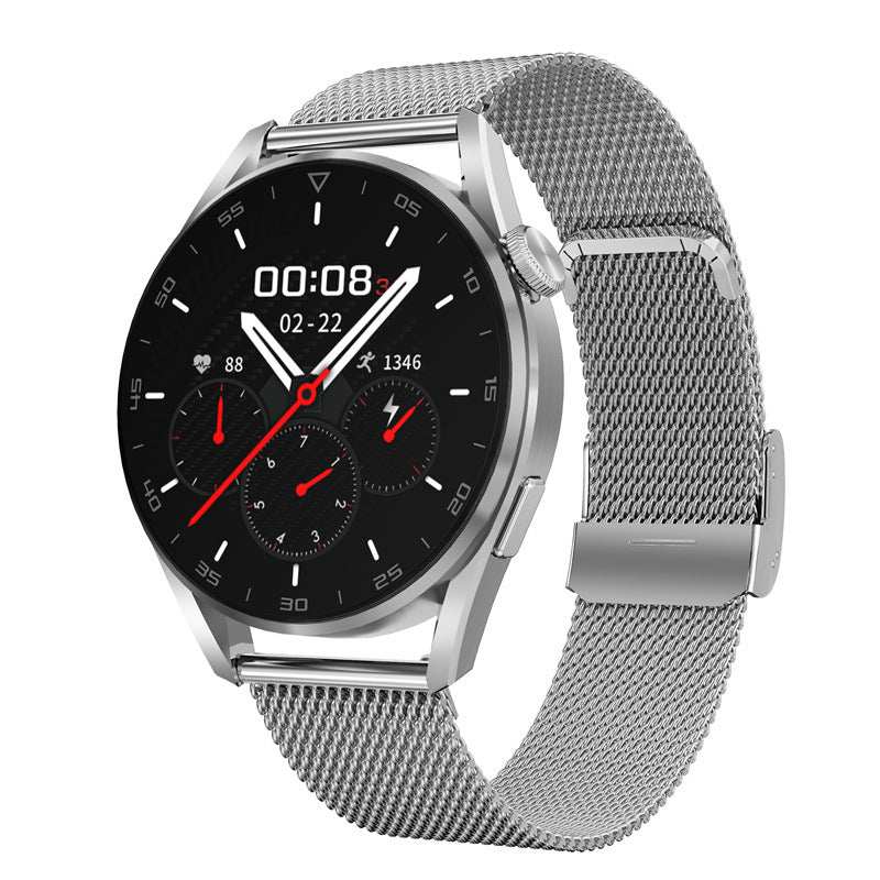 Smart Watch Bluetooth with 1.32-inch round IPS screen, heart rate sensor, wireless charging, and stainless steel mesh band