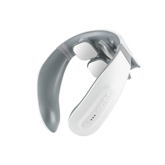 A white and gray electric shock pulse neck and shoulder kneading massager.