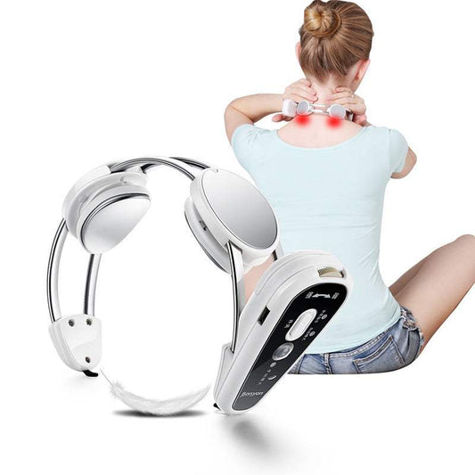 A person is seated, using a white electric pulse shoulder and neck massage physiotherapy instrument on their back.