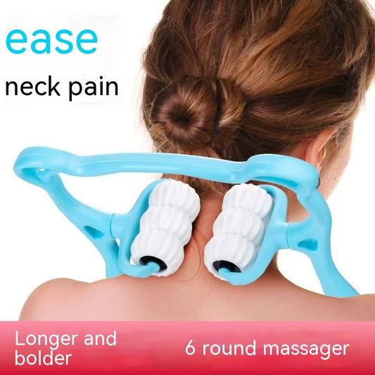 A person demonstrating the use of a blue shoulder and neck massager with six round massage rollers.