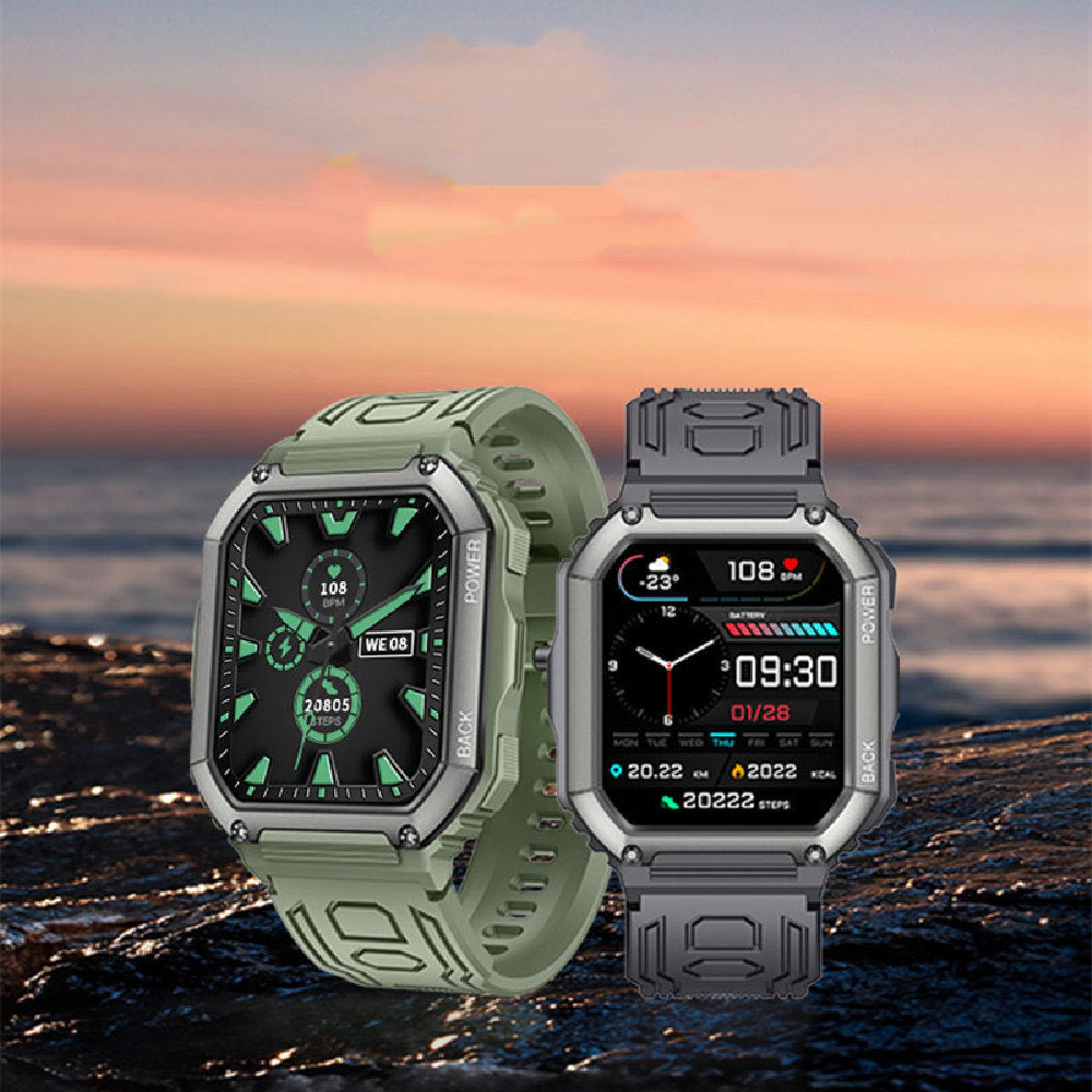 Two Bluetooth call smart watches with rugged designs and digital displays in green and black straps against a sunset background