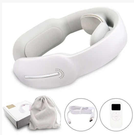 A white electric neck and shoulder massager with a USB power mode and mechanical control. Includes packing accessories such as a carrying pouch, cable, and remote control.