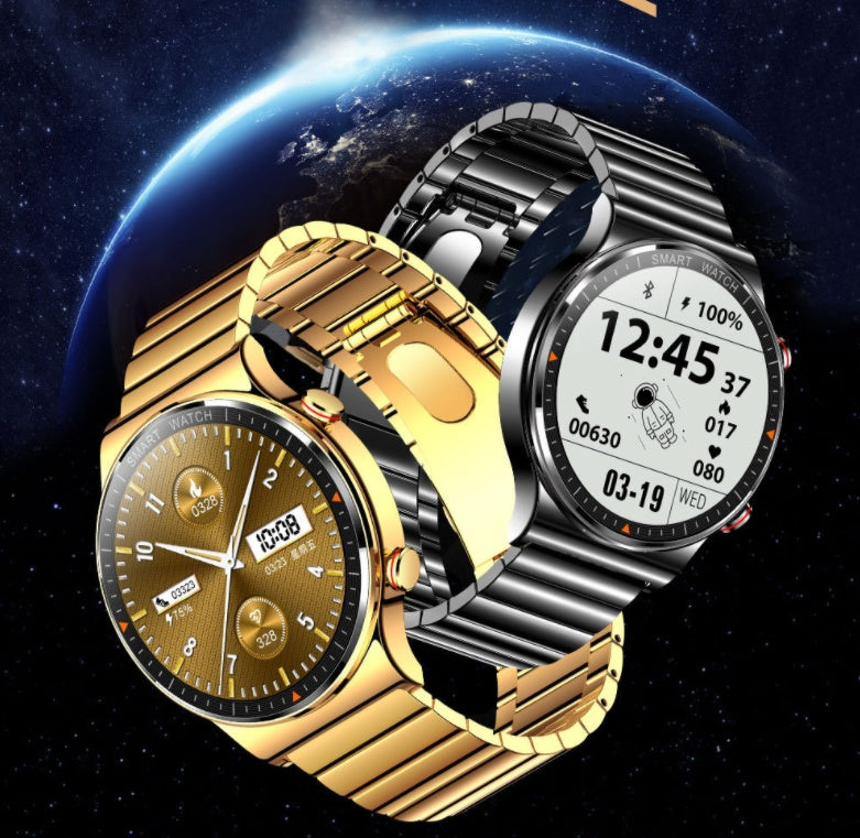Two smart watches, one with a gold band and face, and the other with a silver band and face, displayed against a cosmic background.