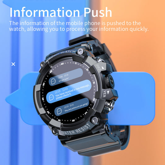 A digital smart watch with a black band and case, displaying various health and fitness metrics on its screen, indicating features like step counting, ECG, and sleep monitoring.