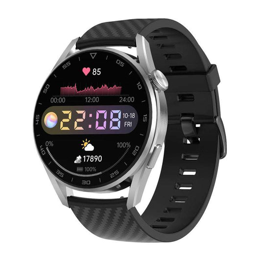 A black smart watch with a silicone band and a digital display showing time, heart rate, and other health metrics.