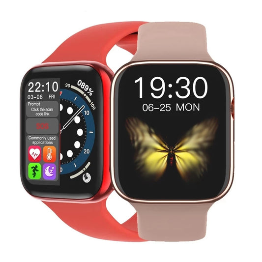 Two smart watches, one with a red silicone band and silver case, and the other with a pink band and gold case, displaying various features such as time, heart rate, and sports tracking.