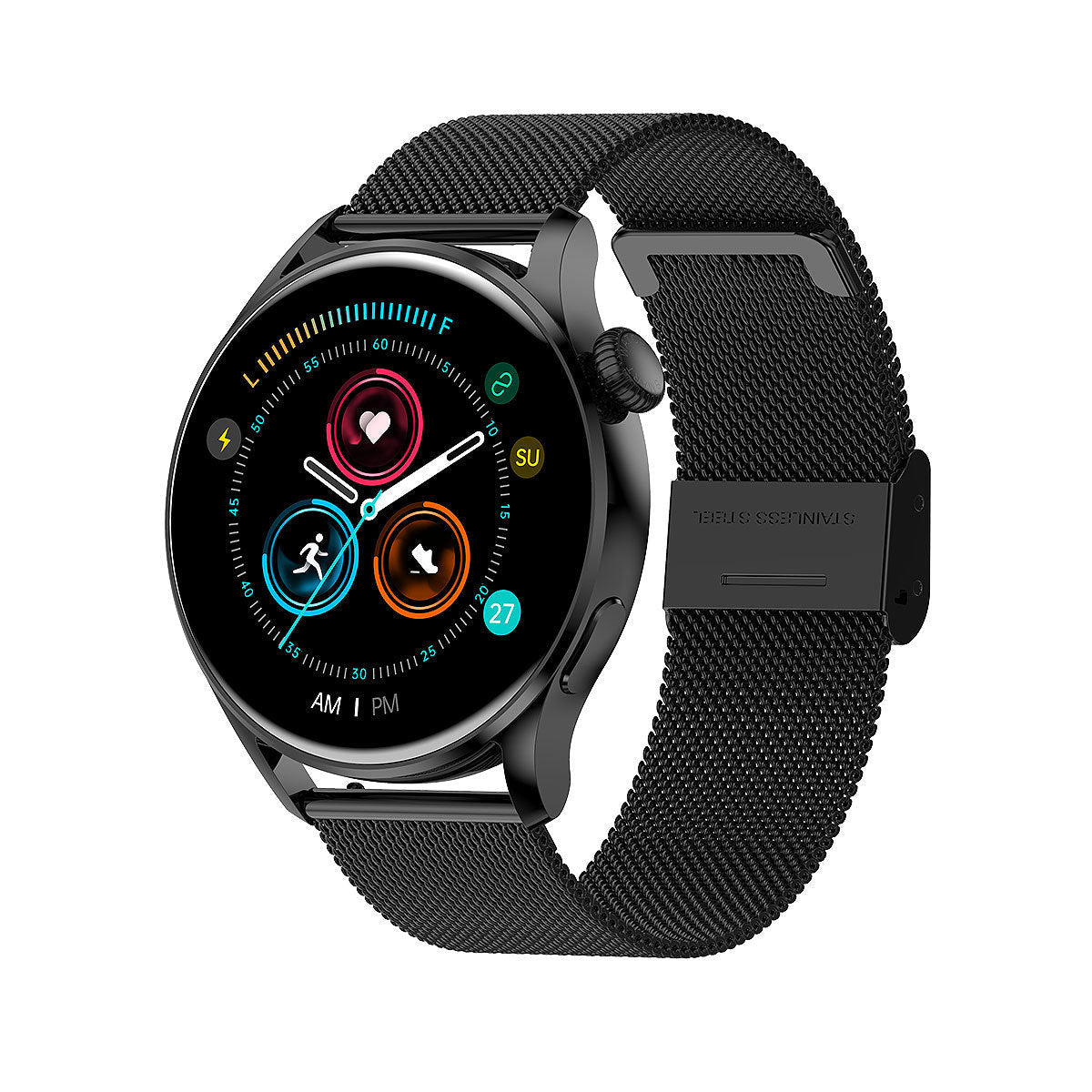 Black smart watch with Bluetooth call feature and rotary code dial, silicone mesh wristband, zinc alloy body, and touchscreen interface