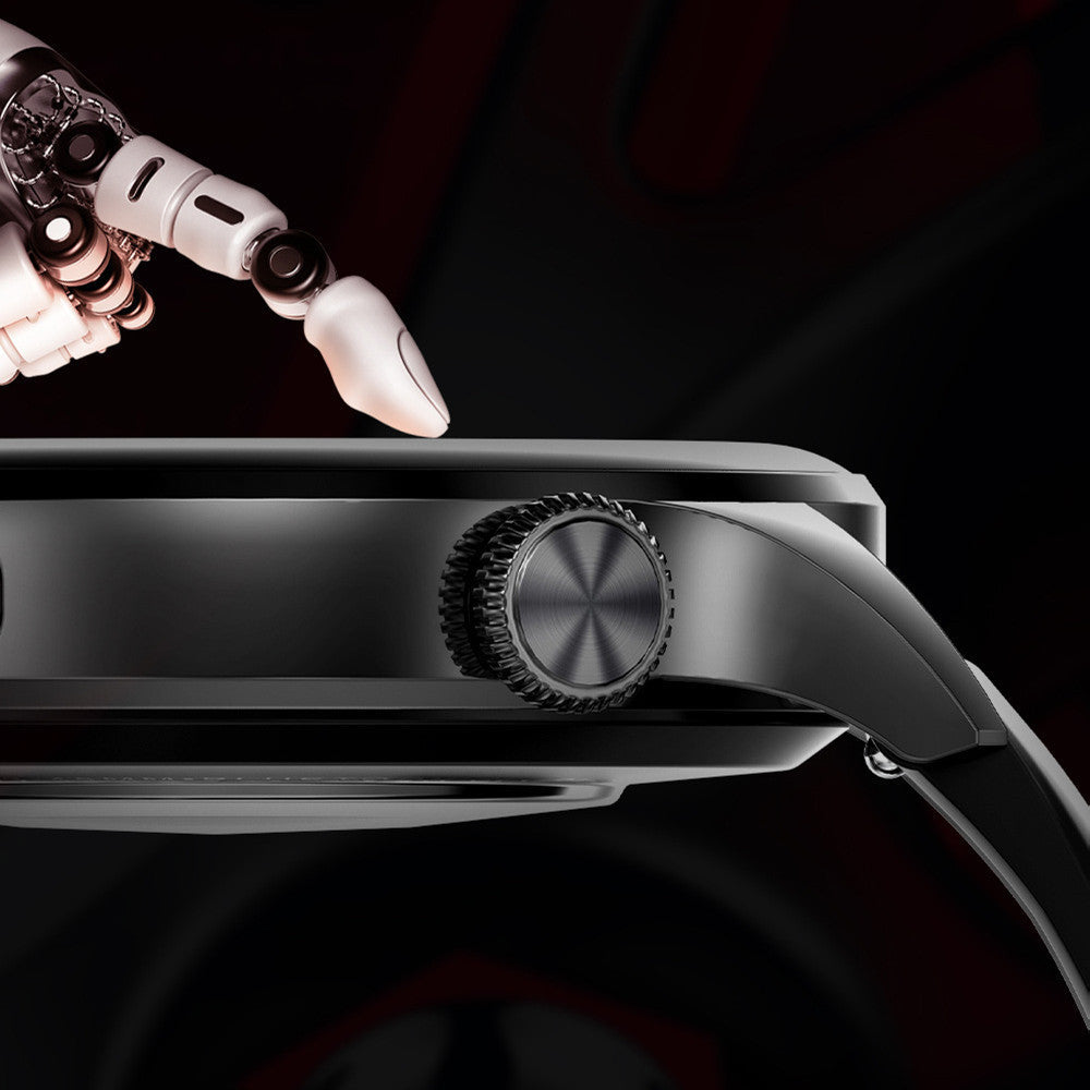 Sleek black Bluetooth Call Smart Watch with side crown and silicone wrist strap, shown in close-up with robotic hand interacting.