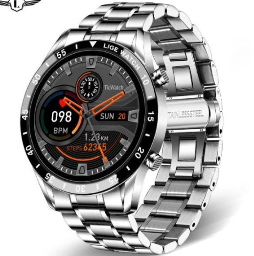 Fashion Bluetooth Smart Watch with stainless steel band, heart rate monitor, step counting, and call message reminders.