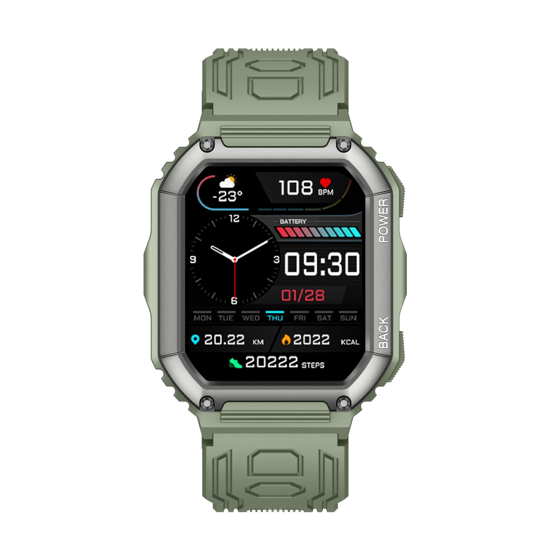 Green Bluetooth call smart watch with 1.8-inch tempered glass screen and wrist strap.