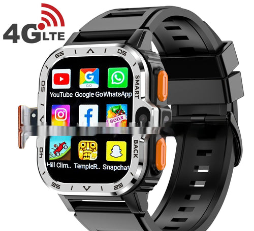 Black Bluetooth Smart Call Watch with touchscreen displaying social media and app icons, sporty design with orange side buttons and silicone strap.