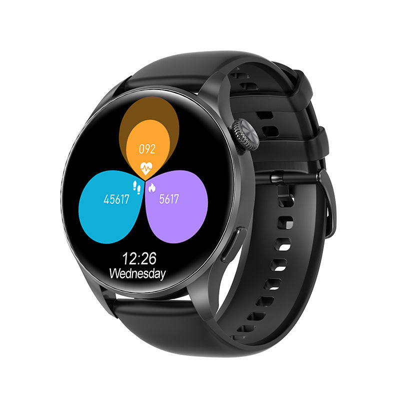 Black Bluetooth call smart watch with 1.45-inch touchscreen and silicone wrist strap