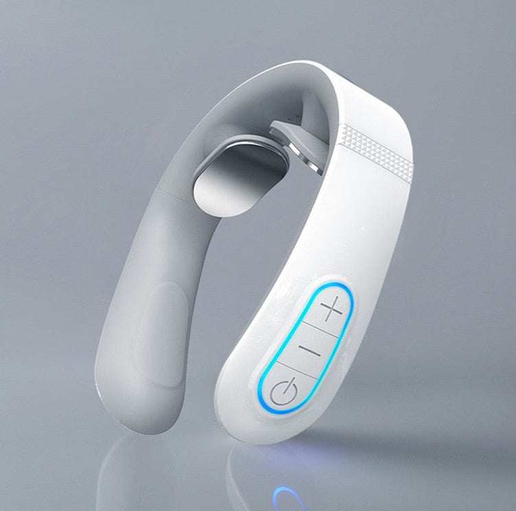 White electric cervical massager with pulse and hot compress functions for neck pain relief