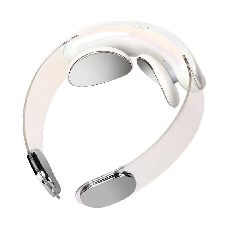 White and silver intelligent neck protector massager with USB charging and mechanical control.