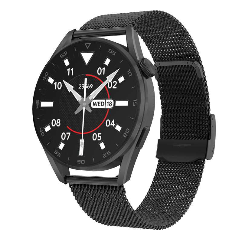 Black smart watch with round dial and mesh metal strap, featuring Bluetooth connectivity and heart rate sensor.