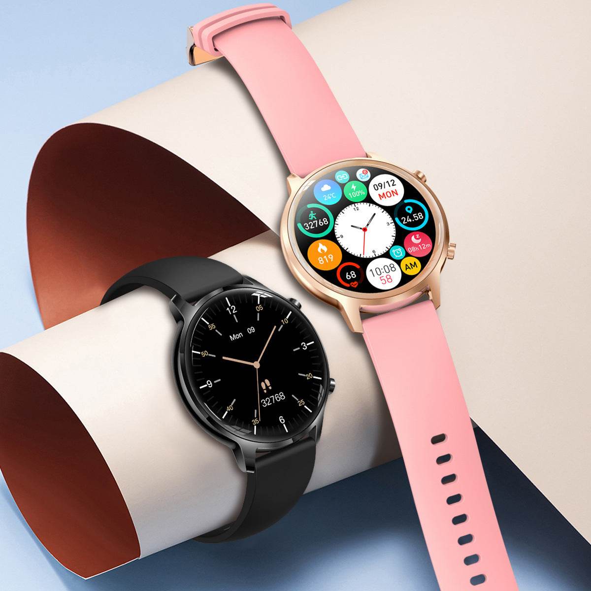 T18 Smart Watch with Bluetooth call, music playback, pink and black silicone straps, round 1.32-inch IPS screen, sporty design