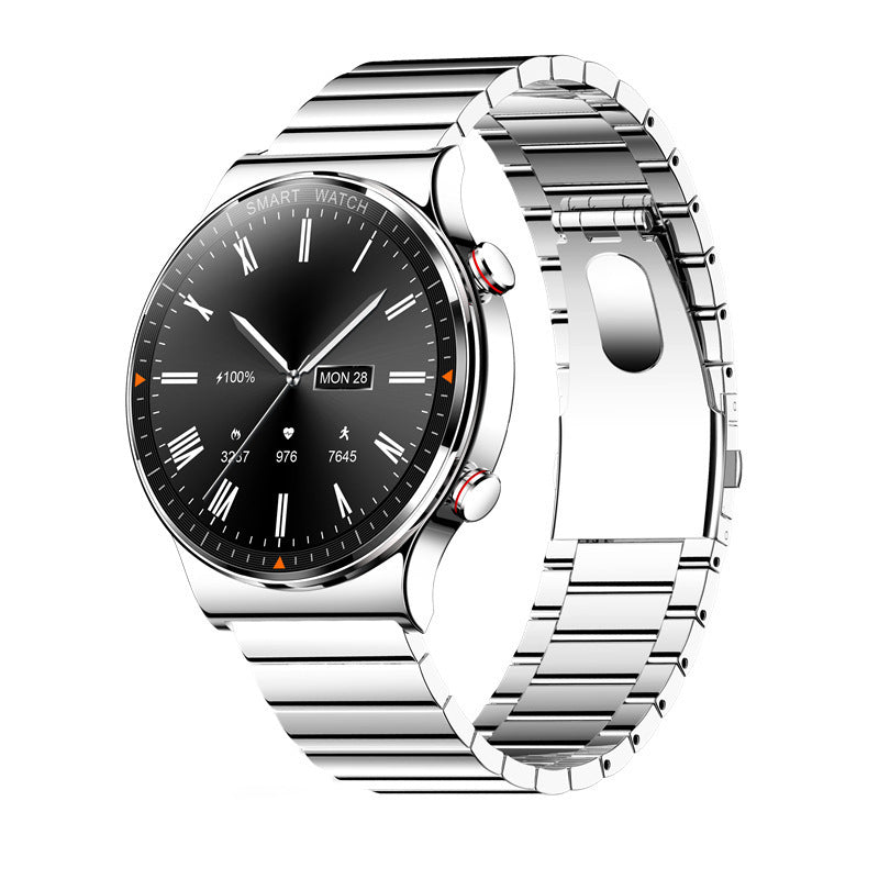 Silver smart watch with round IPS screen showing time, date, and health tracking icons, stainless steel strap, Bluetooth music call features