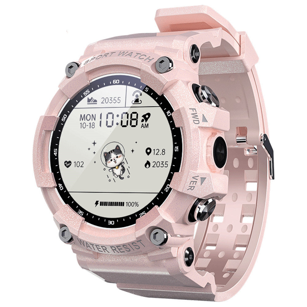 Pink smart watch with Bluetooth call, fitness tracking, ECG, step counter, and touch-button interface