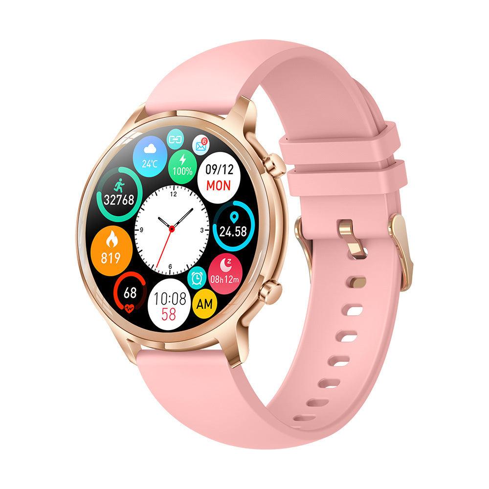 T18 Smart Watch with pink silicone strap, round 1.32-inch IPS display, fitness tracking, Bluetooth calling, music playback, and health monitoring features.