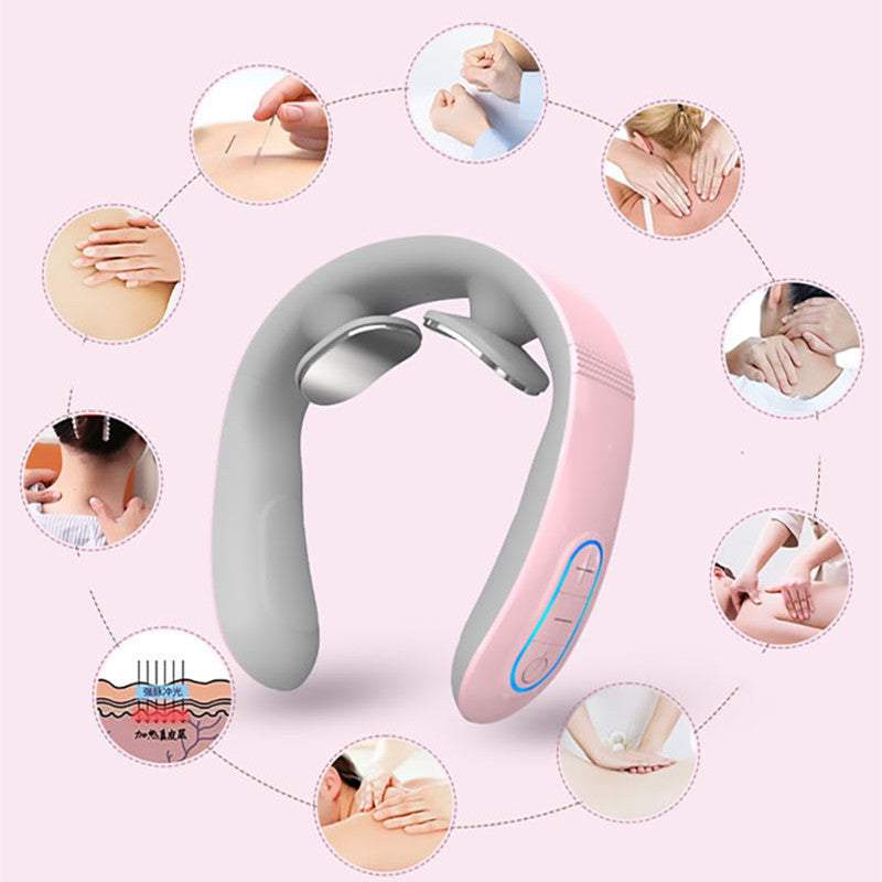 Electric cervical massager with pulse and hot compress function for neck and shoulder pain relief in pink and white colors
